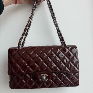 Classic Quilted Shoulder Bag - Deep Burgundy Patent